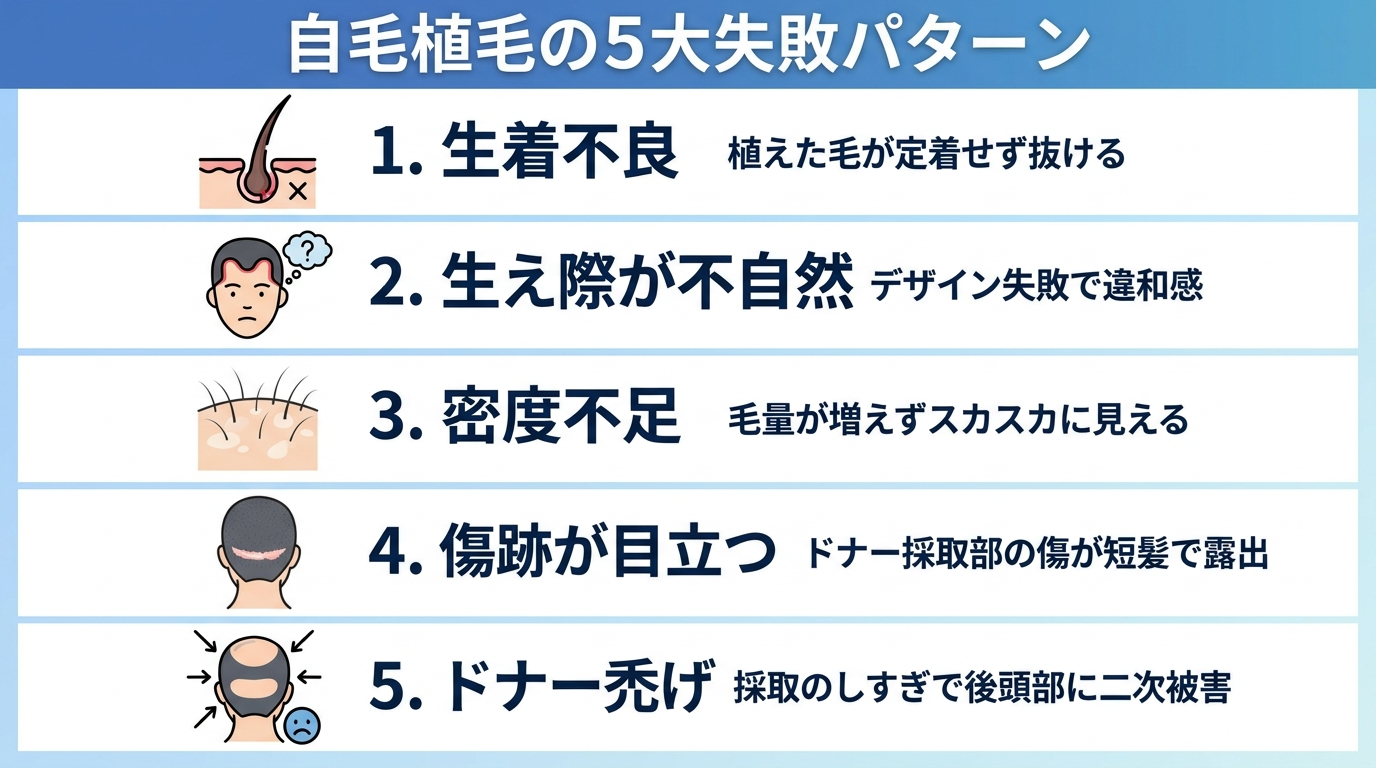 タイトル: 自毛植毛の5大失敗パターン。縦並び5項目のインフォグラフィック。項目1(毛根が抜けるアイコン): 生着不良 — 植えた毛が定着せず抜ける。項目2(不自然な生え際のアイコン): 生え際が不自然 — デザイン失敗で違和感。項目3(まばらな毛のアイコン): 密度不足 — 毛量が増えずスカスカに見える。項目4(線状の傷アイコン): 傷跡が目立つ — ドナー採取部の傷が短髪で露出。項目5(後頭部が薄いアイコン): ドナー禿げ — 採取のしすぎで後頭部に二次被害