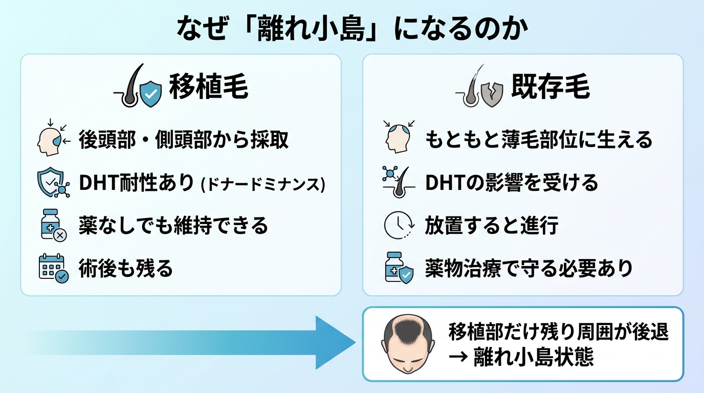 タイトル: なぜ「離れ小島」になるのか。2列の比較図。左列(移植毛): 後頭部・側頭部から採取、DHT耐性あり(ドナードミナンス)、薬なしでも維持できる、術後も残る。右列(既存毛): もともと薄毛部位に生える、DHTの影響を受ける、放置すると進行、薬物治療で守る必要あり。下部に矢印で「移植部だけ残り周囲が後退 → 離れ小島状態」