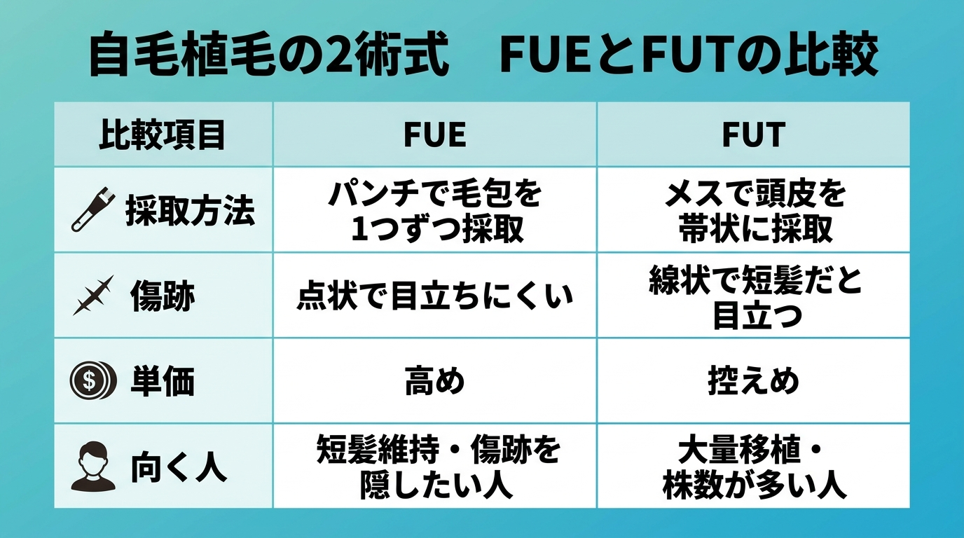 タイトル: 自毛植毛の2術式 FUEとFUTの比較。3列の表: ヘッダー行: 比較項目 | FUE | FUT。行1: 採取方法 | パンチで毛包を1つずつ採取 | メスで頭皮を帯状に採取。行2: 傷跡 | 点状で目立ちにくい | 線状で短髪だと目立つ。行3: 単価 | 高め | 控えめ。行4: 向く人 | 短髪維持・傷跡を隠したい人 | 大量移植・株数が多い人