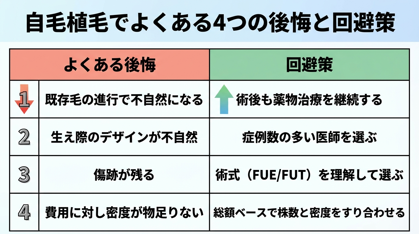 タイトル: 自毛植毛でよくある4つの後悔と回避策。2列の表: ヘッダー行: よくある後悔 | 回避策。行1: 既存毛の進行で不自然になる | 術後も薬物治療を継続する。行2: 生え際のデザインが不自然 | 症例数の多い医師を選ぶ。行3: 傷跡が残る | 術式(FUE/FUT)を理解して選ぶ。行4: 費用に対し密度が物足りない | 総額ベースで株数と密度をすり合わせる