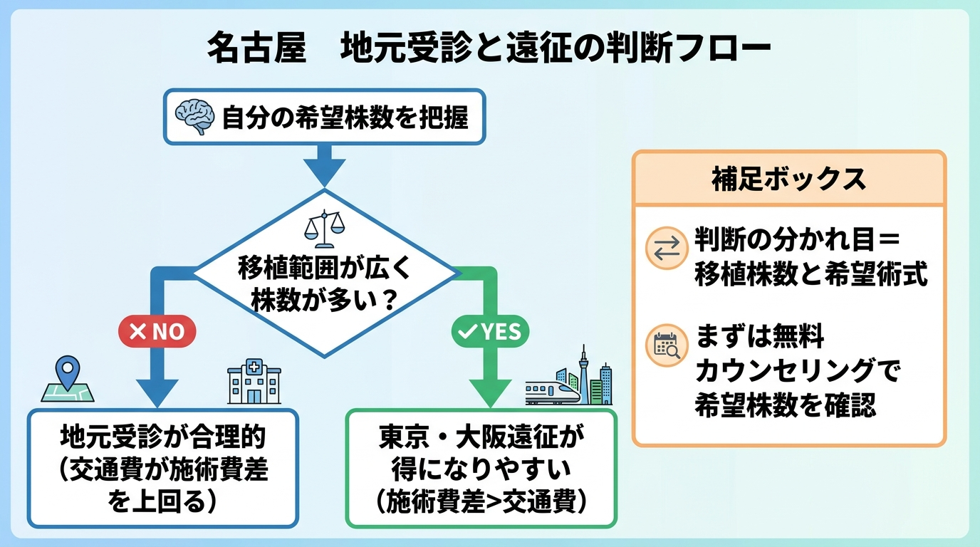 タイトル: 名古屋 地元受診と遠征の判断フロー。縦フロー図: スタート「自分の希望株数を把握」→分岐1「移植範囲が広く株数が多い?」→YES「東京・大阪遠征が得になりやすい(施術費差>交通費)」/NO「地元受診が合理的(交通費が施術費差を上回る)」。補足ボックス: 判断の分かれ目=移植株数と希望術式。まずは無料カウンセリングで希望株数を確認