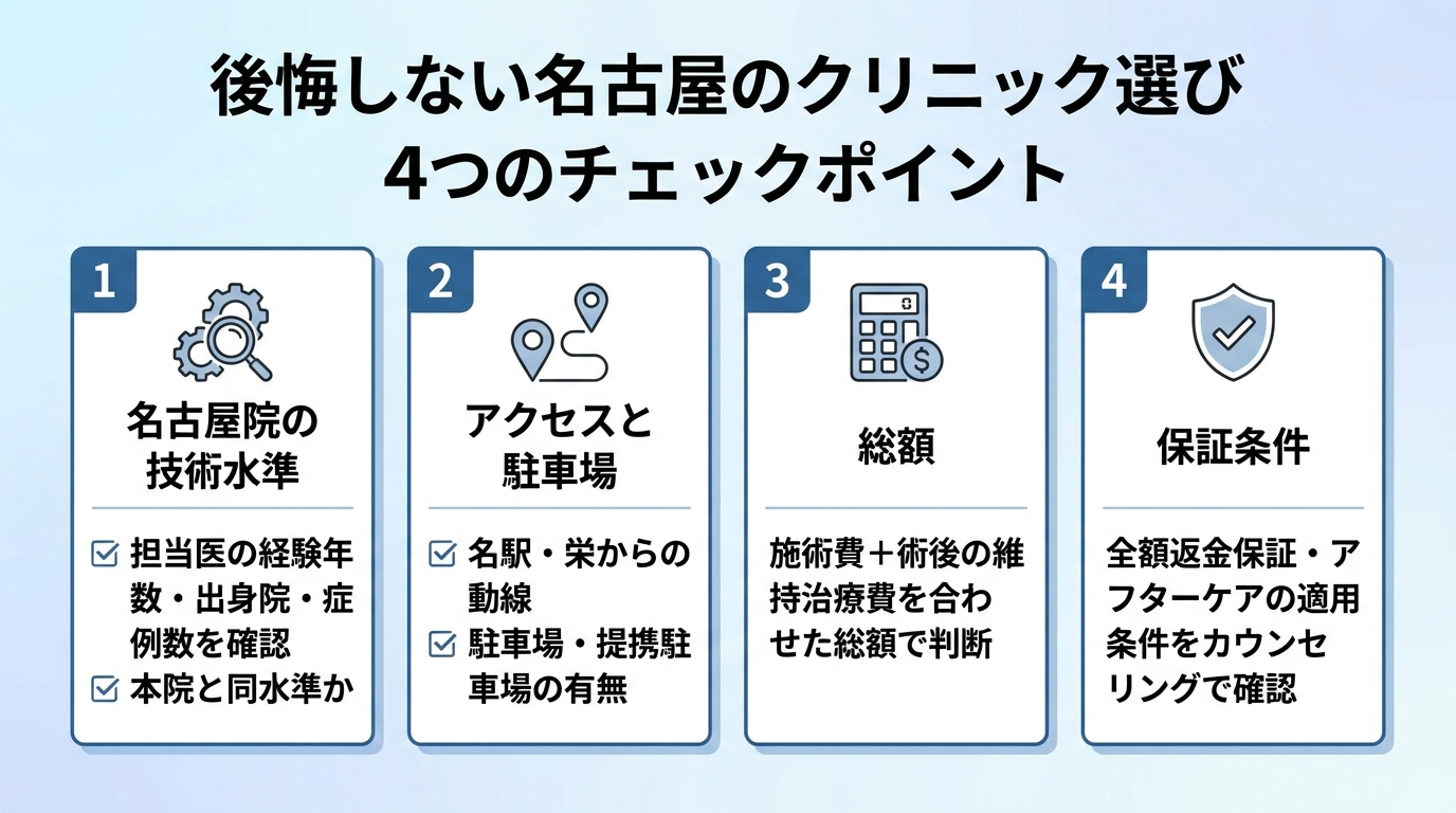 タイトル: 後悔しない名古屋のクリニック選び 4つのチェックポイント。横並び4カードで: カード1(技術のアイコン)ヘッダー: 名古屋院の技術水準、説明: 担当医の経験年数・出身院・症例数を確認。本院と同水準か。カード2(地図ピンのアイコン)ヘッダー: アクセスと駐車場、説明: 名駅・栄からの動線、駐車場・提携駐車場の有無。カード3(電卓のアイコン)ヘッダー: 総額、説明: 施術費+術後の維持治療費を合わせた総額で判断。カード4(盾のアイコン)ヘッダー: 保証条件、説明: 全額返金保証・アフターケアの適用条件をカウンセリングで確認