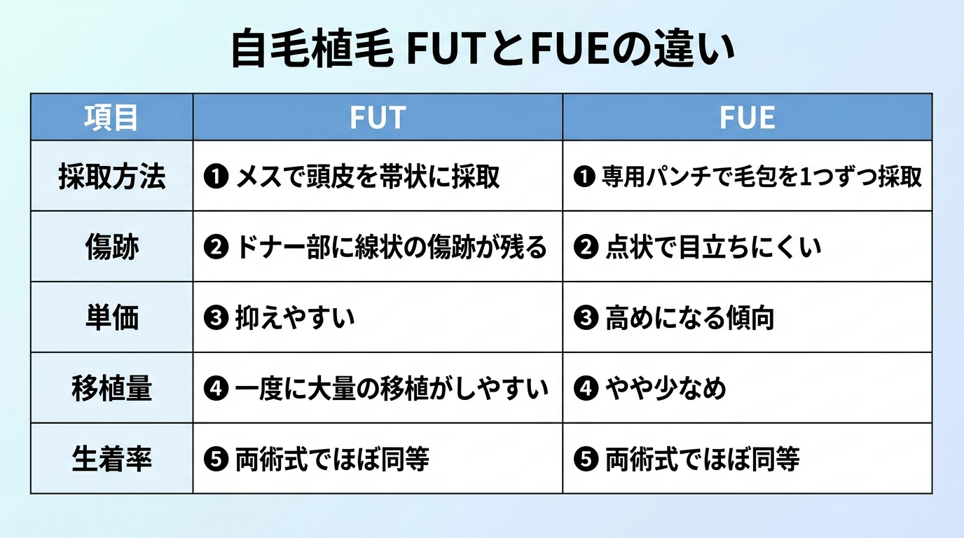 タイトル: 自毛植毛 FUTとFUEの違い。2列の比較表: ヘッダー行: 項目 | FUT | FUE。行1: 採取方法 | メスで頭皮を帯状に採取 | 専用パンチで毛包を1つずつ採取。行2: 傷跡 | ドナー部に線状の傷跡が残る | 点状で目立ちにくい。行3: 単価 | 抑えやすい | 高めになる傾向。行4: 移植量 | 一度に大量の移植がしやすい | やや少なめ。行5: 生着率 | 両術式でほぼ同等