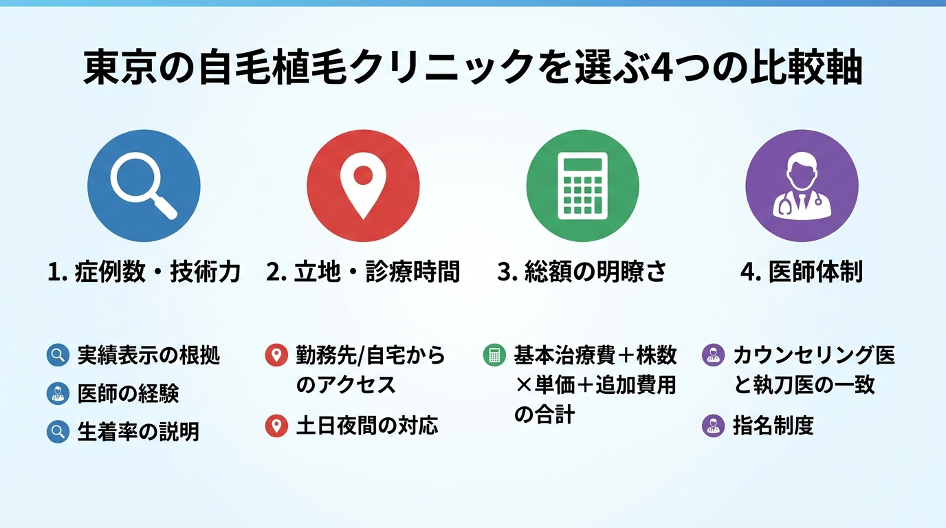 タイトル: 東京の自毛植毛クリニックを選ぶ4つの比較軸。縦並び4項目の早見表。項目1(虫眼鏡アイコン)症例数・技術力: 実績表示の根拠、医師の経験、生着率の説明。項目2(地図ピンアイコン)立地・診療時間: 勤務先/自宅からのアクセス、土日夜間の対応。項目3(電卓アイコン)総額の明瞭さ: 基本治療費+株数×単価+追加費用の合計。項目4(医師アイコン)医師体制: カウンセリング医と執刀医の一致、指名制度