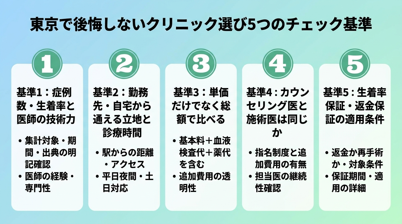 タイトル: 東京で後悔しないクリニック選び5つのチェック基準。縦並びチェックリスト。基準1: 症例数・生着率と医師の技術力(集計の対象・期間・出典の明記を確認)。基準2: 勤務先・自宅から通える立地と診療時間(駅からの距離、平日夜間・土日対応)。基準3: 株単価だけでなく総額で比べる(基本料+血液検査代+薬代を含む)。基準4: カウンセリング医と施術医は同じか(指名制度と追加費用の有無)。基準5: 生着率保証・返金保証の適用条件(返金か再手術か、対象条件)