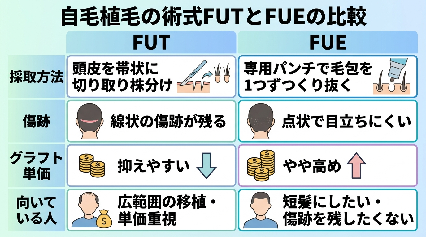 タイトル: 自毛植毛の術式FUTとFUEの比較。2列の比較表。ヘッダー: FUT | FUE。行1(採取方法): 頭皮を帯状に切り取り株分け | 専用パンチで毛包を1つずつくり抜く。行2(傷跡): 線状の傷跡が残る | 点状で目立ちにくい。行3(グラフト単価): 抑えやすい | やや高め。行4(向いている人): 広範囲の移植・単価重視 | 短髪にしたい・傷跡を残したくない