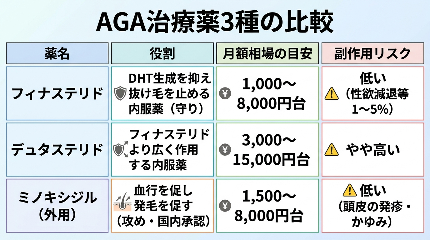 タイトル: AGA治療薬3種の比較。4列の表: ヘッダー行: 薬名 | 役割 | 月額相場の目安 | 副作用リスク。行1: フィナステリド | DHT生成を抑え抜け毛を止める内服薬（守り） | 1,000〜8,000円台 | 低い（性欲減退等1〜5%）。行2: デュタステリド | フィナステリドより広く作用する内服薬 | 3,000〜15,000円台 | やや高い。行3: ミノキシジル（外用） | 血行を促し発毛を促す（攻め・国内承認） | 1,500〜8,000円台 | 低い（頭皮の発疹・かゆみ）