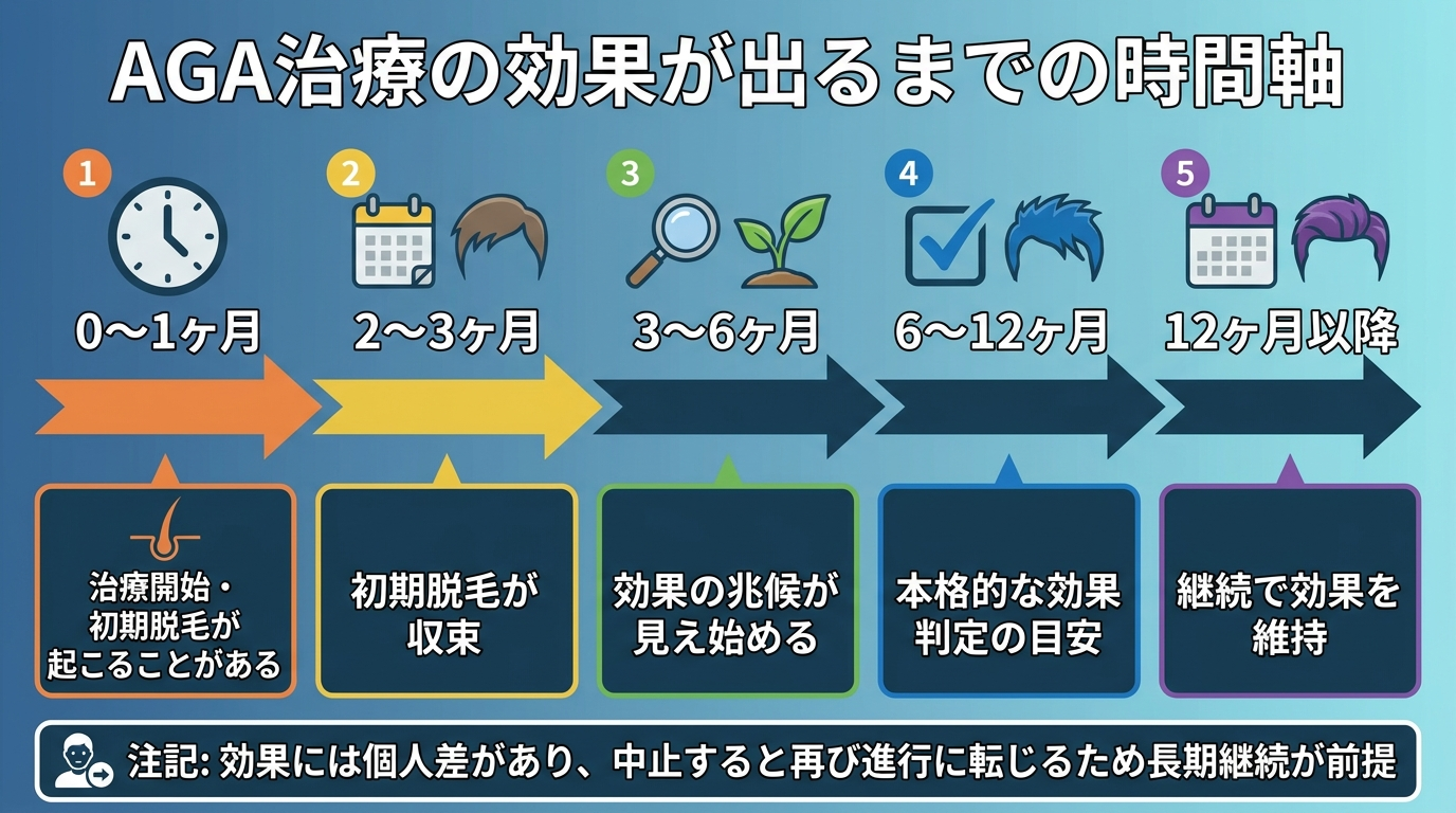タイトル: AGA治療の効果が出るまでの時間軸。横向きタイムライン図で: 0〜1ヶ月（治療開始・初期脱毛が起こることがある）→ 2〜3ヶ月（初期脱毛が収束）→ 3〜6ヶ月（効果の兆候が見え始める）→ 6〜12ヶ月（本格的な効果判定の目安）→ 12ヶ月以降（継続で効果を維持）。下部に注記: 効果には個人差があり、中止すると再び進行に転じるため長期継続が前提