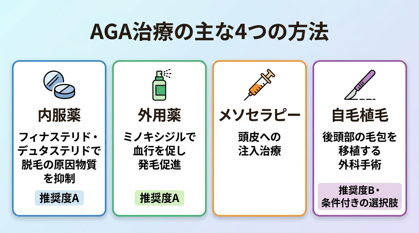 タイトル: AGA治療の主な4つの方法。横並び4カードの比較図: カード1(錠剤のアイコン)内服薬: フィナステリド・デュタステリドで脱毛の原因物質を抑制。推奨度A。カード2(スプレーのアイコン)外用薬: ミノキシジルで血行を促し発毛促進。推奨度A。カード3(注射器のアイコン)メソセラピー: 頭皮への注入治療。カード4(メスのアイコン)自毛植毛: 後頭部の毛包を移植する外科手術。推奨度B・条件付きの選択肢