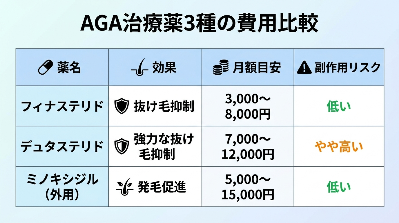タイトル: AGA治療薬3種の費用比較。4列の表: ヘッダー行: 薬名 | 効果 | 月額目安 | 副作用リスク。行1: フィナステリド | 抜け毛抑制 | 3,000〜8,000円 | 低い。行2: デュタステリド | 強力な抜け毛抑制 | 7,000〜12,000円 | やや高い。行3: ミノキシジル(外用) | 発毛促進 | 5,000〜15,000円 | 低い