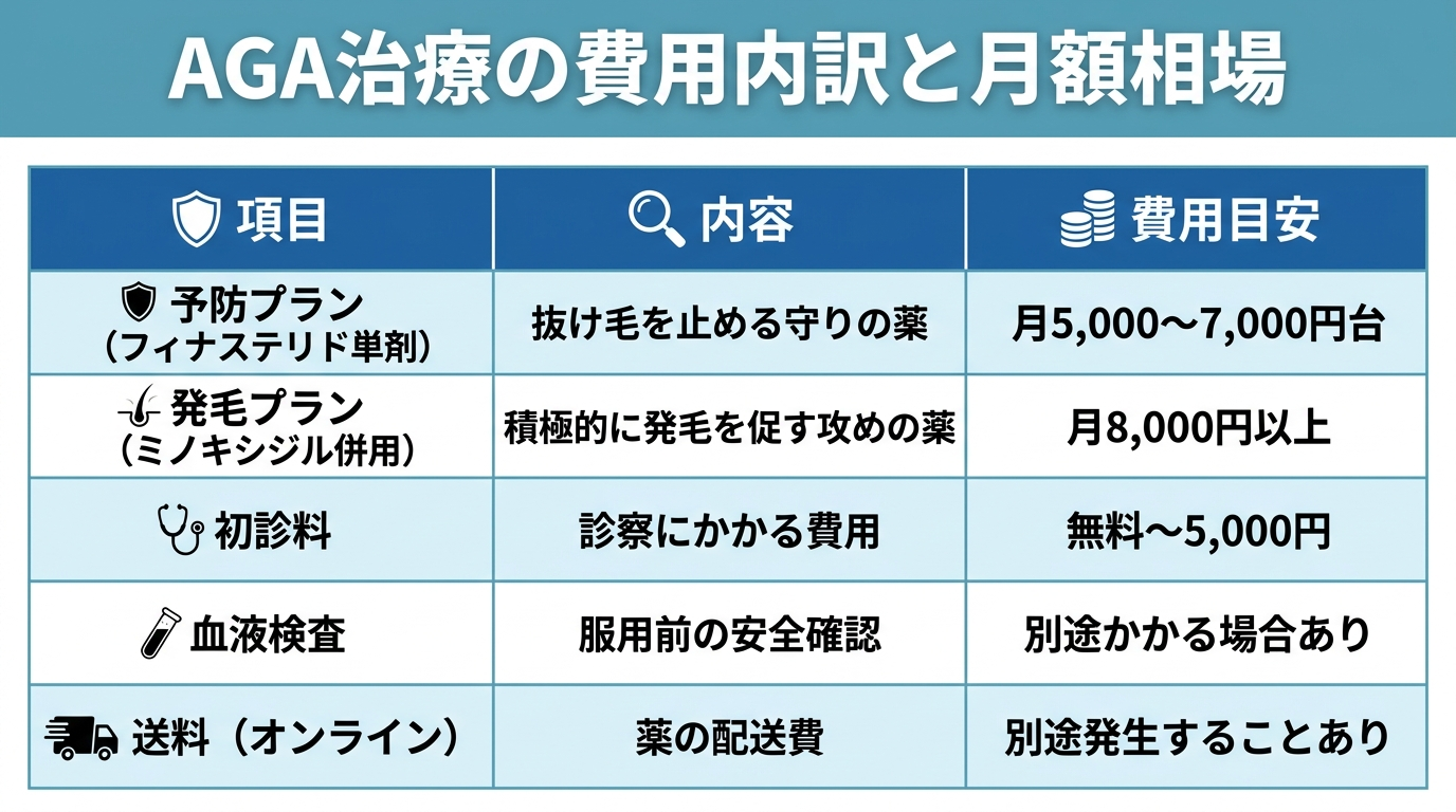 タイトル: AGA治療の費用内訳と月額相場。3列の表: ヘッダー行: 項目 | 内容 | 費用目安。行1: 予防プラン（フィナステリド単剤） | 抜け毛を止める守りの薬 | 月5,000〜7,000円台。行2: 発毛プラン（ミノキシジル併用） | 積極的に発毛を促す攻めの薬 | 月8,000円以上。行3: 初診料 | 診察にかかる費用 | 無料〜5,000円。行4: 血液検査 | 服用前の安全確認 | 別途かかる場合あり。行5: 送料（オンライン） | 薬の配送費 | 別途発生することあり