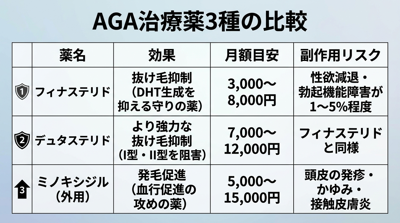 タイトル: AGA治療薬3種の比較。4列の表: ヘッダー行: 薬名 | 効果 | 月額目安 | 副作用リスク。行1: フィナステリド | 抜け毛抑制（DHT生成を抑える守りの薬） | 3,000〜8,000円 | 性欲減退・勃起機能障害が1〜5%程度。行2: デュタステリド | より強力な抜け毛抑制（I型・II型を阻害） | 7,000〜12,000円 | フィナステリドと同様。行3: ミノキシジル（外用） | 発毛促進（血行促進の攻めの薬） | 5,000〜15,000円 | 頭皮の発疹・かゆみ・接触皮膚炎
