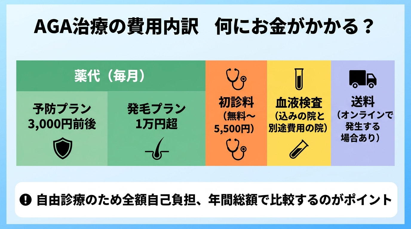 タイトル: AGA治療の費用内訳 何にお金がかかる？。円グラフまたは積み上げ図で費用項目を可視化: 薬代（毎月・予防プラン3,000円前後/発毛プラン1万円超）、初診料（無料〜5,500円）、血液検査（込みの院と別途費用の院）、送料（オンラインで発生する場合あり）。注記: 自由診療のため全額自己負担、年間総額で比較するのがポイント。