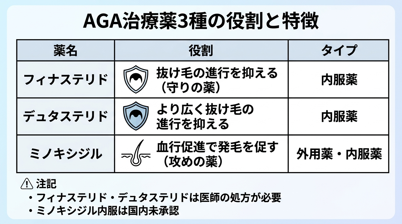 タイトル: AGA治療薬3種の役割と特徴。3列の比較表: ヘッダー行: 薬名 | 役割 | タイプ。行1: フィナステリド | 抜け毛の進行を抑える（守りの薬） | 内服薬。行2: デュタステリド | より広く抜け毛の進行を抑える | 内服薬。行3: ミノキシジル | 血行促進で発毛を促す（攻めの薬） | 外用薬・内服薬。注記: フィナステリド・デュタステリドは医師の処方が必要、ミノキシジル内服は国内未承認。