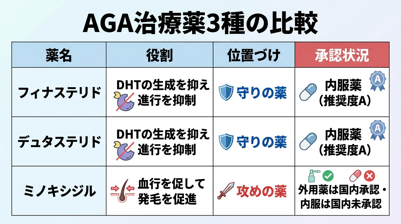 タイトル: AGA治療薬3種の比較。4列の表: ヘッダー行: 薬名 | 役割 | 位置づけ | 承認状況。行1: フィナステリド | DHTの生成を抑え進行を抑制 | 守りの薬 | 内服薬(推奨度A)。行2: デュタステリド | DHTの生成を抑え進行を抑制 | 守りの薬 | 内服薬(推奨度A)。行3: ミノキシジル | 血行を促して発毛を促進 | 攻めの薬 | 外用薬は国内承認・内服は国内未承認