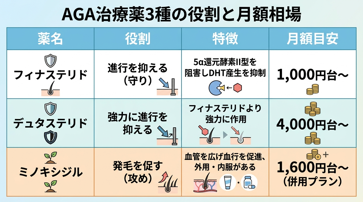 タイトル: AGA治療薬3種の役割と月額相場。4列の表: ヘッダー行: 薬名 | 役割 | 特徴 | 月額目安。行1: フィナステリド | 進行を抑える（守り） | 5α還元酵素II型を阻害しDHT産生を抑制 | 1,000円台〜。行2: デュタステリド | 強力に進行を抑える | フィナステリドより強力に作用 | 4,000円台〜。行3: ミノキシジル | 発毛を促す（攻め） | 血管を広げ血行を促進、外用・内服がある | 1,600円台〜（併用プラン）