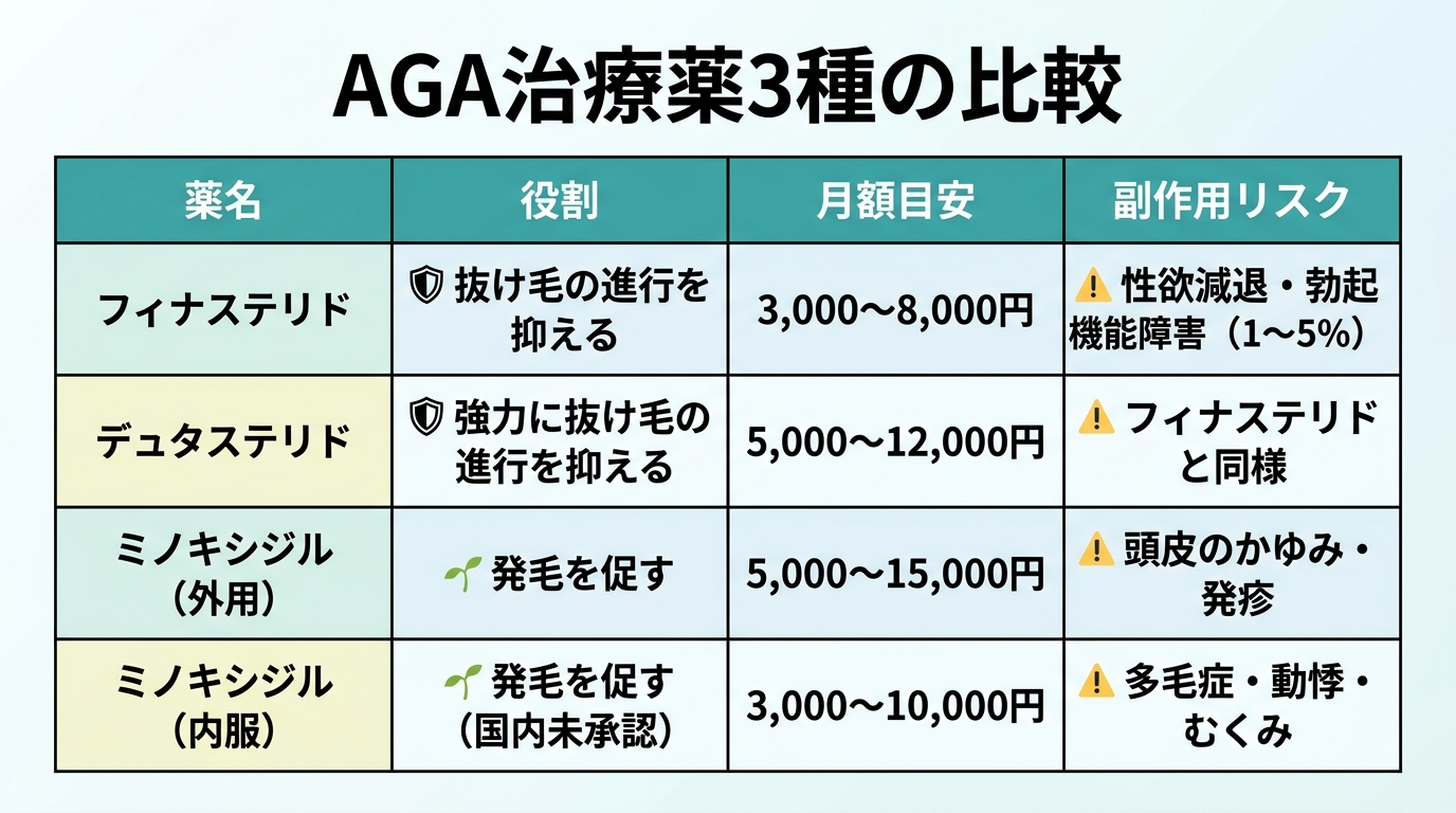 タイトル: AGA治療薬3種の比較。4列の表。ヘッダー行: 薬名 | 役割 | 月額目安 | 副作用リスク。行1: フィナステリド | 抜け毛の進行を抑える | 3,000〜8,000円 | 性欲減退・勃起機能障害（1〜5%）。行2: デュタステリド | 強力に抜け毛の進行を抑える | 5,000〜12,000円 | フィナステリドと同様。行3: ミノキシジル（外用） | 発毛を促す | 5,000〜15,000円 | 頭皮のかゆみ・発疹。行4: ミノキシジル（内服） | 発毛を促す（国内未承認） | 3,000〜10,000円 | 多毛症・動悸・むくみ。