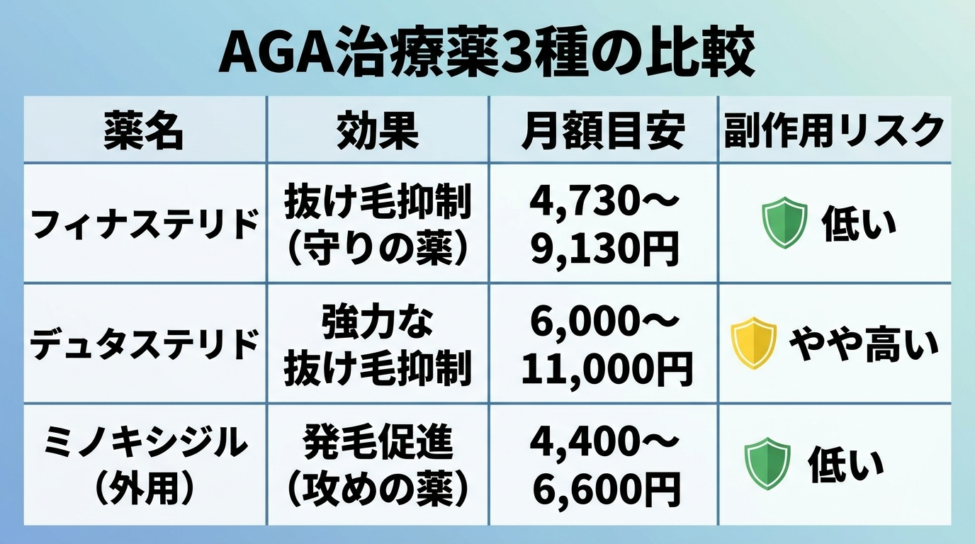 タイトル: AGA治療薬3種の比較。4列の表: ヘッダー行: 薬名 | 効果 | 月額目安 | 副作用リスク。行1: フィナステリド | 抜け毛抑制（守りの薬） | 4,730〜9,130円 | 低い。行2: デュタステリド | 強力な抜け毛抑制 | 6,000〜11,000円 | やや高い。行3: ミノキシジル（外用） | 発毛促進（攻めの薬） | 4,400〜6,600円 | 低い