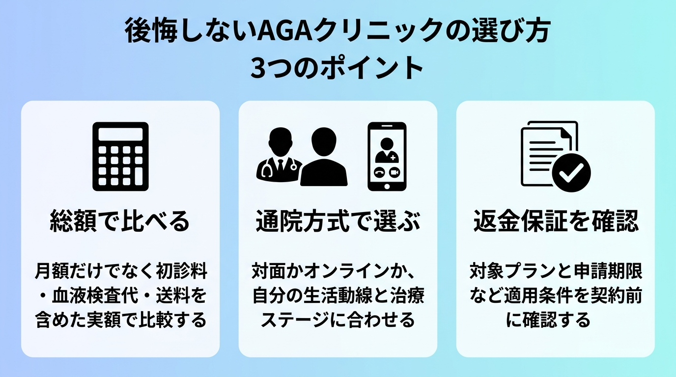タイトル: 後悔しないAGAクリニックの選び方 3つのポイント。横並び3カードのインフォグラフィック。カード1(電卓のアイコン)ヘッダー: 総額で比べる、説明: 月額だけでなく初診料・血液検査代・送料を含めた実額で比較する。カード2(対面とスマホのアイコン)ヘッダー: 通院方式で選ぶ、説明: 対面かオンラインか、自分の生活動線と治療ステージに合わせる。カード3(書類とチェックのアイコン)ヘッダー: 返金保証を確認、説明: 対象プランと申請期限など適用条件を契約前に確認する