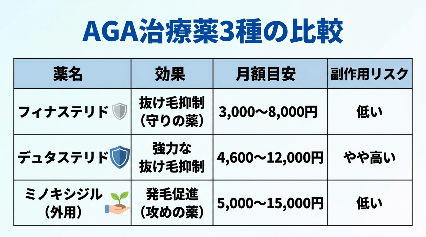 タイトル: AGA治療薬3種の比較。4列の表: ヘッダー行: 薬名 | 効果 | 月額目安 | 副作用リスク。行1: フィナステリド | 抜け毛抑制(守りの薬) | 3,000〜8,000円 | 低い。行2: デュタステリド | 強力な抜け毛抑制 | 4,600〜12,000円 | やや高い。行3: ミノキシジル(外用) | 発毛促進(攻めの薬) | 5,000〜15,000円 | 低い