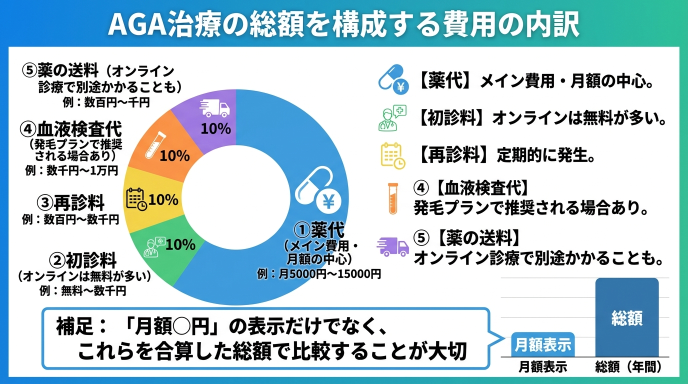タイトル: AGA治療の総額を構成する費用の内訳。ドーナツ型または横棒の内訳図: ①薬代(メイン費用・月額の中心)。②初診料(オンラインは無料が多い)。③再診料。④血液検査代(発毛プランで推奨される場合あり)。⑤薬の送料(オンライン診療で別途かかることも)。補足キャプション: 「月額◯円」の表示だけでなく、これらを合算した総額で比較することが大切