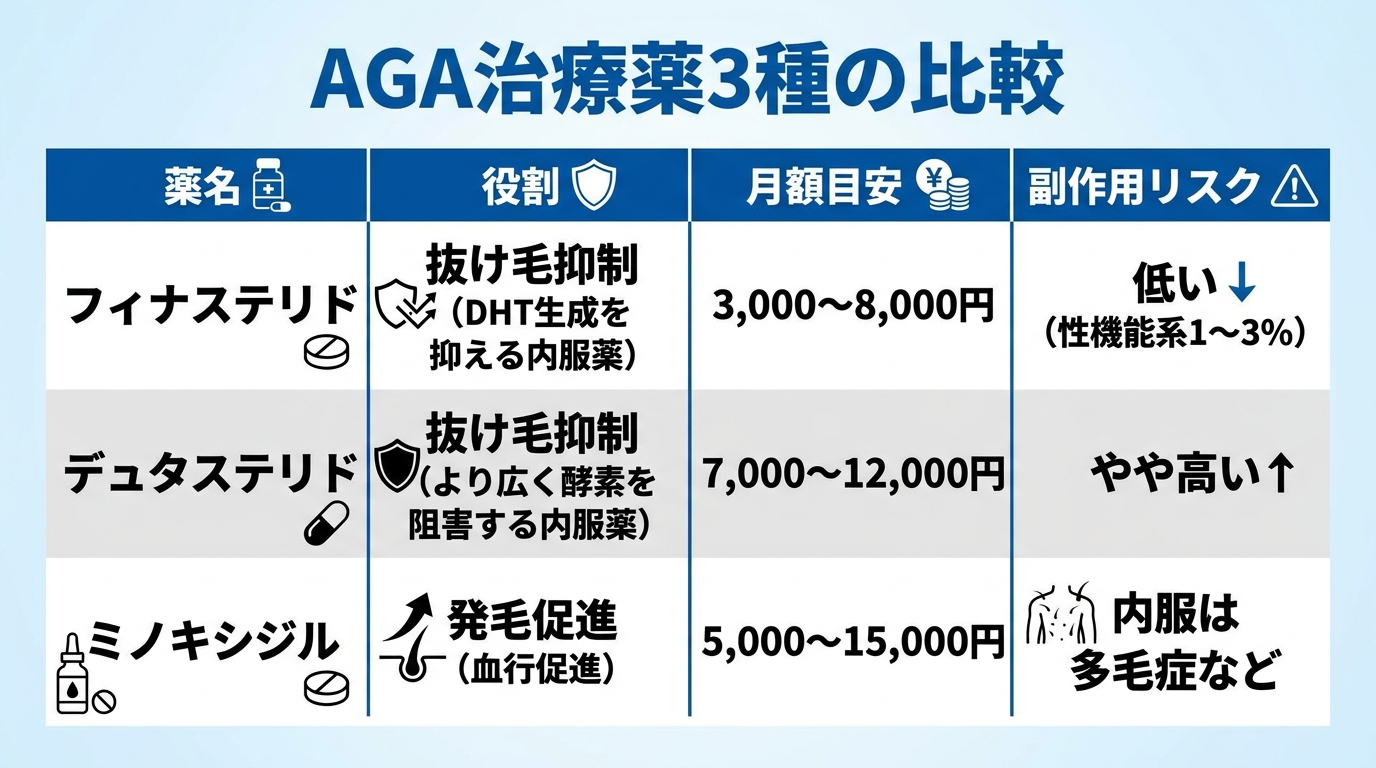 タイトル: AGA治療薬3種の比較。4列の表: ヘッダー行: 薬名 | 役割 | 月額目安 | 副作用リスク。行1: フィナステリド | 抜け毛抑制(DHT生成を抑える内服薬) | 3,000〜8,000円 | 低い(性機能系1〜3%)。行2: デュタステリド | 抜け毛抑制(より広く酵素を阻害する内服薬) | 7,000〜12,000円 | やや高い。行3: ミノキシジル | 発毛促進(血行促進) | 5,000〜15,000円 | 内服は多毛症など