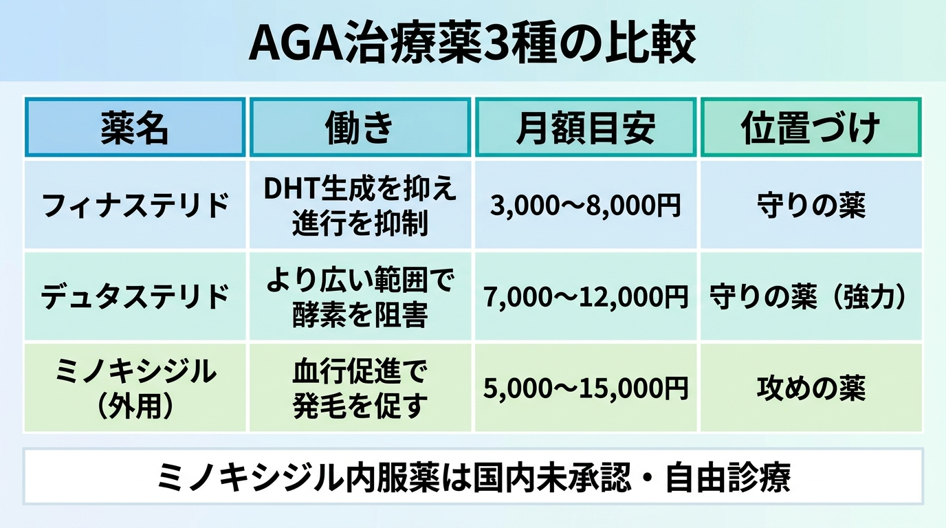 タイトル: AGA治療薬3種の比較。4列の表: ヘッダー行: 薬名 | 働き | 月額目安 | 位置づけ。行1: フィナステリド | DHT生成を抑え進行を抑制 | 3,000〜8,000円 | 守りの薬。行2: デュタステリド | より広い範囲で酵素を阻害 | 7,000〜12,000円 | 守りの薬(強力)。行3: ミノキシジル(外用) | 血行促進で発毛を促す | 5,000〜15,000円 | 攻めの薬。下部注記: ミノキシジル内服薬は国内未承認・自由診療