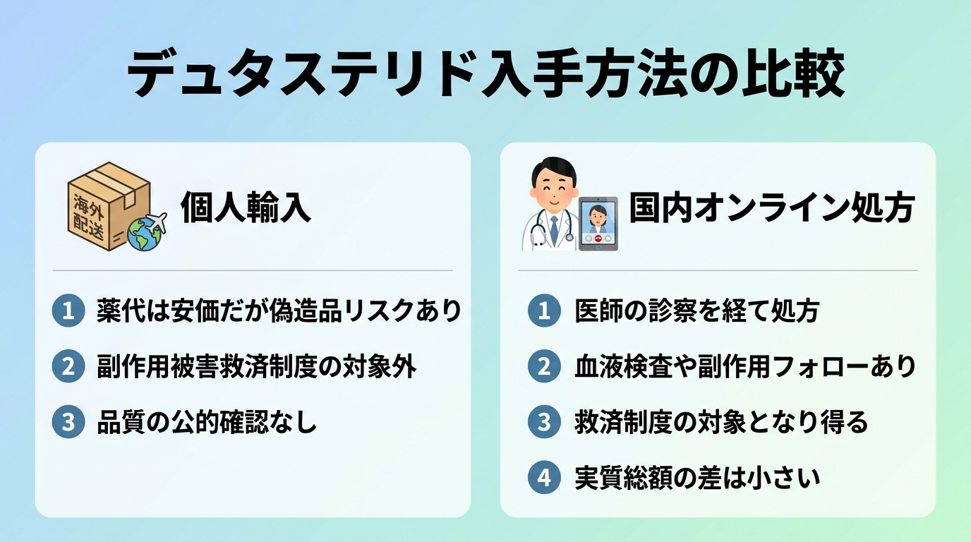 タイトル: デュタステリド入手方法の比較。横並び2カードで比較。カード1(海外配送のアイコン)ヘッダー: 個人輸入、説明: 薬代は安いが偽造品リスクあり・副作用被害救済制度の対象外・品質の公的確認なし。カード2(医師のアイコン)ヘッダー: 国内オンライン処方、説明: 医師の診察を経て処方・血液検査や副作用フォローあり・救済制度の対象になり得る・実質総額の差は小さい