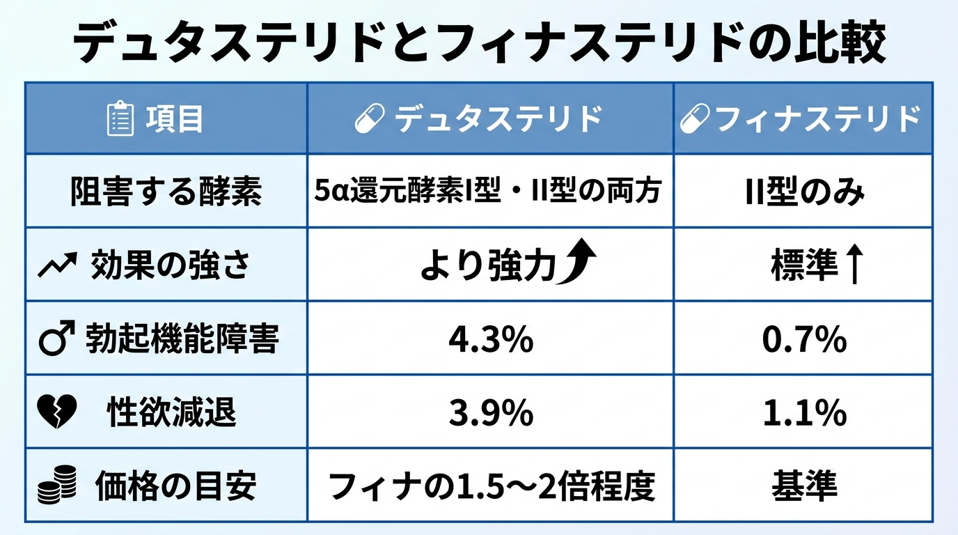 タイトル: デュタステリドとフィナステリドの比較。4列の表: ヘッダー行: 項目 | デュタステリド | フィナステリド。行1: 阻害する酵素 | 5α還元酵素I型・II型の両方 | II型のみ。行2: 効果の強さ | より強力 | 標準。行3: 勃起機能障害 | 4.3% | 0.7%。行4: 性欲減退 | 3.9% | 1.1%。行5: 価格の目安 | フィナの1.5〜2倍程度 | 基準