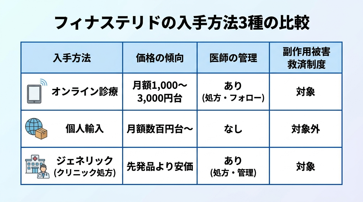 タイトル: フィナステリドの入手方法3種の比較。4列の表: ヘッダー行: 入手方法 | 価格の傾向 | 医師の管理 | 副作用被害救済制度。行1: オンライン診療 | 月額1,000〜3,000円台 | あり(処方・フォロー) | 対象。行2: 個人輸入 | 月額数百円台〜 | なし | 対象外。行3: ジェネリック(クリニック処方) | 先発品より安価 | あり(処方・管理) | 対象