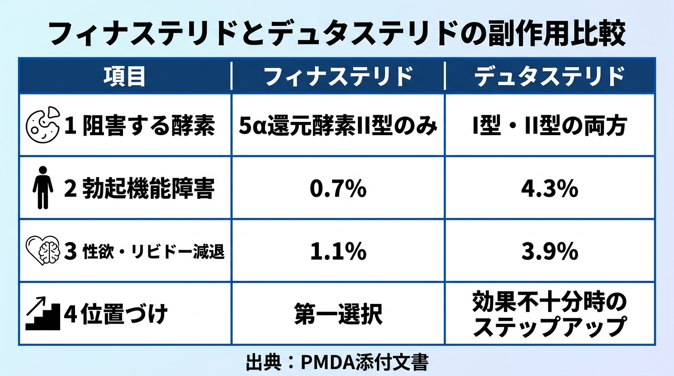 タイトル: フィナステリドとデュタステリドの副作用比較。3列の表: ヘッダー行: 項目 | フィナステリド | デュタステリド。行1: 阻害する酵素 | 5α還元酵素II型のみ | I型・II型の両方。行2: 勃起機能障害 | 0.7% | 4.3%。行3: 性欲・リビドー減退 | 1.1% | 3.9%。行4: 位置づけ | 第一選択 | 効果不十分時のステップアップ。出典: PMDA添付文書