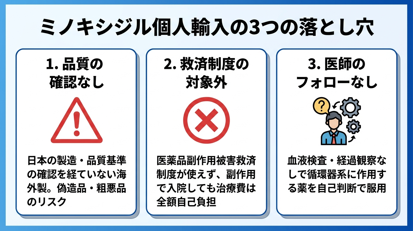 タイトル: ミノキシジル個人輸入の3つの落とし穴。横並び3カードで: カード1(警告アイコン)ヘッダー: 品質の確認なし、説明: 日本の製造・品質基準の確認を経ていない海外製。偽造品・粗悪品のリスク。カード2(バツ印アイコン)ヘッダー: 救済制度の対象外、説明: 医薬品副作用被害救済制度が使えず、副作用で入院しても治療費は全額自己負担。カード3(自己責任アイコン)ヘッダー: 医師のフォローなし、説明: 血液検査・経過観察なしで循環器系に作用する薬を自己判断で服用