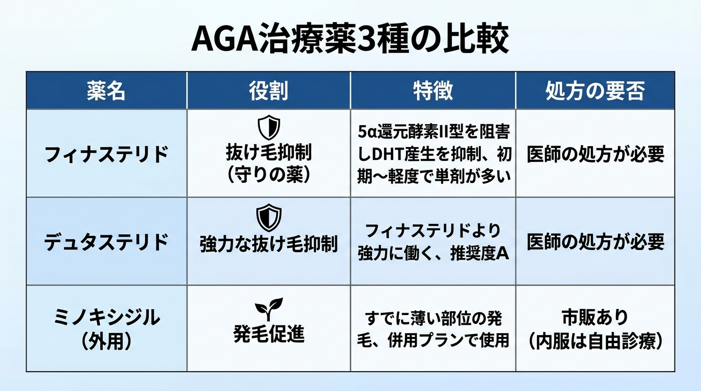 タイトル: AGA治療薬3種の比較。4列の表: ヘッダー行: 薬名 | 役割 | 特徴 | 処方の要否。行1: フィナステリド | 抜け毛抑制(守りの薬) | 5α還元酵素II型を阻害しDHT産生を抑制、初期〜軽度で単剤が多い | 医師の処方が必要。行2: デュタステリド | 強力な抜け毛抑制 | フィナステリドより強力に働く、推奨度A | 医師の処方が必要。行3: ミノキシジル(外用) | 発毛促進 | すでに薄い部位の発毛、併用プランで使用 | 市販あり(内服は自由診療)