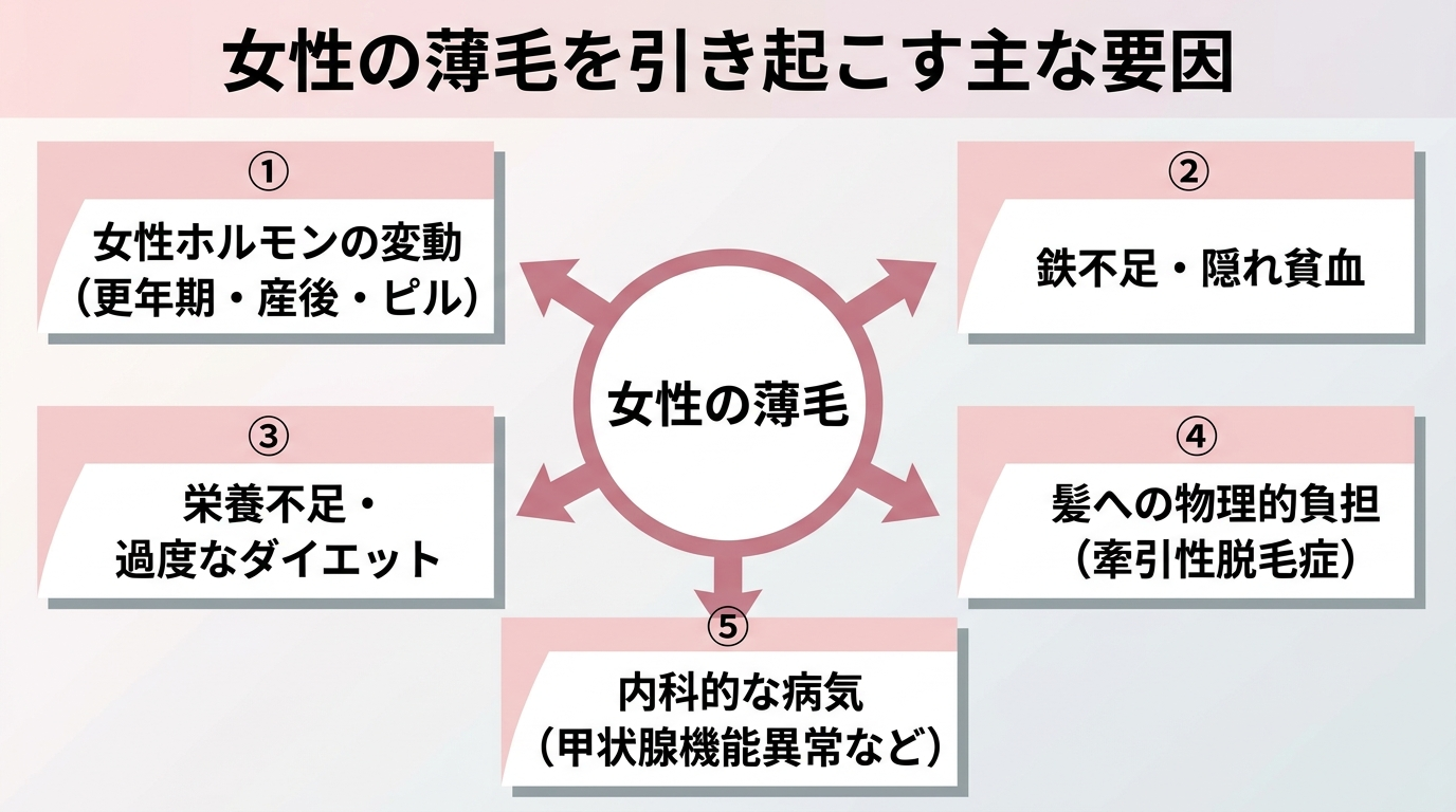 タイトル: 女性の薄毛を引き起こす主な要因。中央に「女性の薄毛」と書いた円を配置し、そこから5方向へ矢印で分岐する放射状の図。分岐先: ①女性ホルモンの変動(更年期・産後・ピル)②鉄不足・隠れ貧血 ③栄養不足・過度なダイエット ④髪への物理的負担(牽引性脱毛症)⑤内科的な病気(甲状腺機能異常など)。各要因を淡いピンクとグレーの配色で示す