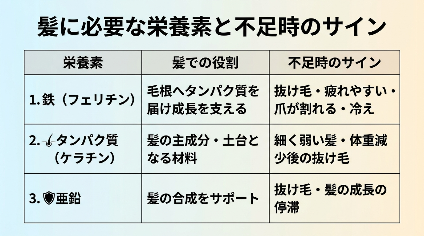タイトル: 髪に必要な栄養素と不足時のサイン。3列の表: ヘッダー行: 栄養素 | 髪での役割 | 不足時のサイン。行1: 鉄(フェリチン) | 毛根へタンパク質を届け成長を支える | 抜け毛・疲れやすい・爪が割れる・冷え。行2: タンパク質(ケラチン) | 髪の主成分・土台となる材料 | 細く弱い髪・体重減少後の抜け毛。行3: 亜鉛 | 髪の合成をサポート | 抜け毛・髪の成長の停滞