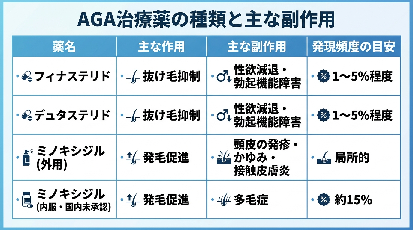 タイトル: AGA治療薬の種類と主な副作用。4列の表。ヘッダー行: 薬名 | 主な作用 | 主な副作用 | 発現頻度の目安。行1: フィナステリド | 抜け毛抑制 | 性欲減退・勃起機能障害 | 1〜5%程度。行2: デュタステリド | 抜け毛抑制 | 性欲減退・勃起機能障害 | 1〜5%程度。行3: ミノキシジル（外用） | 発毛促進 | 頭皮の発疹・かゆみ・接触皮膚炎 | 局所的。行4: ミノキシジル（内服・国内未承認） | 発毛促進 | 多毛症 | 約15%