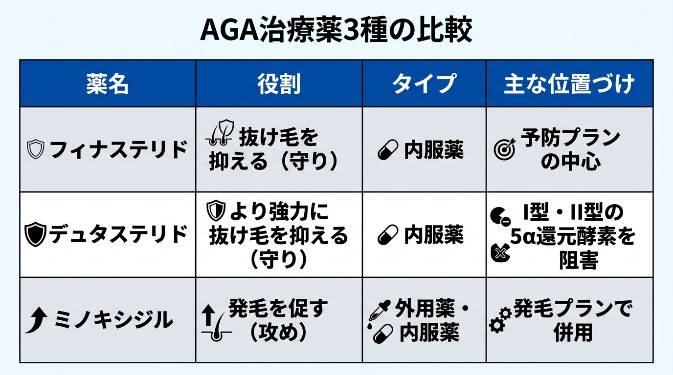 タイトル: AGA治療薬3種の比較。4列の表: ヘッダー行: 薬名 | 役割 | タイプ | 主な位置づけ。行1: フィナステリド | 抜け毛を抑える(守り) | 内服薬 | 予防プランの中心。行2: デュタステリド | より強力に抜け毛を抑える(守り) | 内服薬 | I型・II型の5α還元酵素を阻害。行3: ミノキシジル | 発毛を促す(攻め) | 外用薬・内服薬 | 発毛プランで併用。
