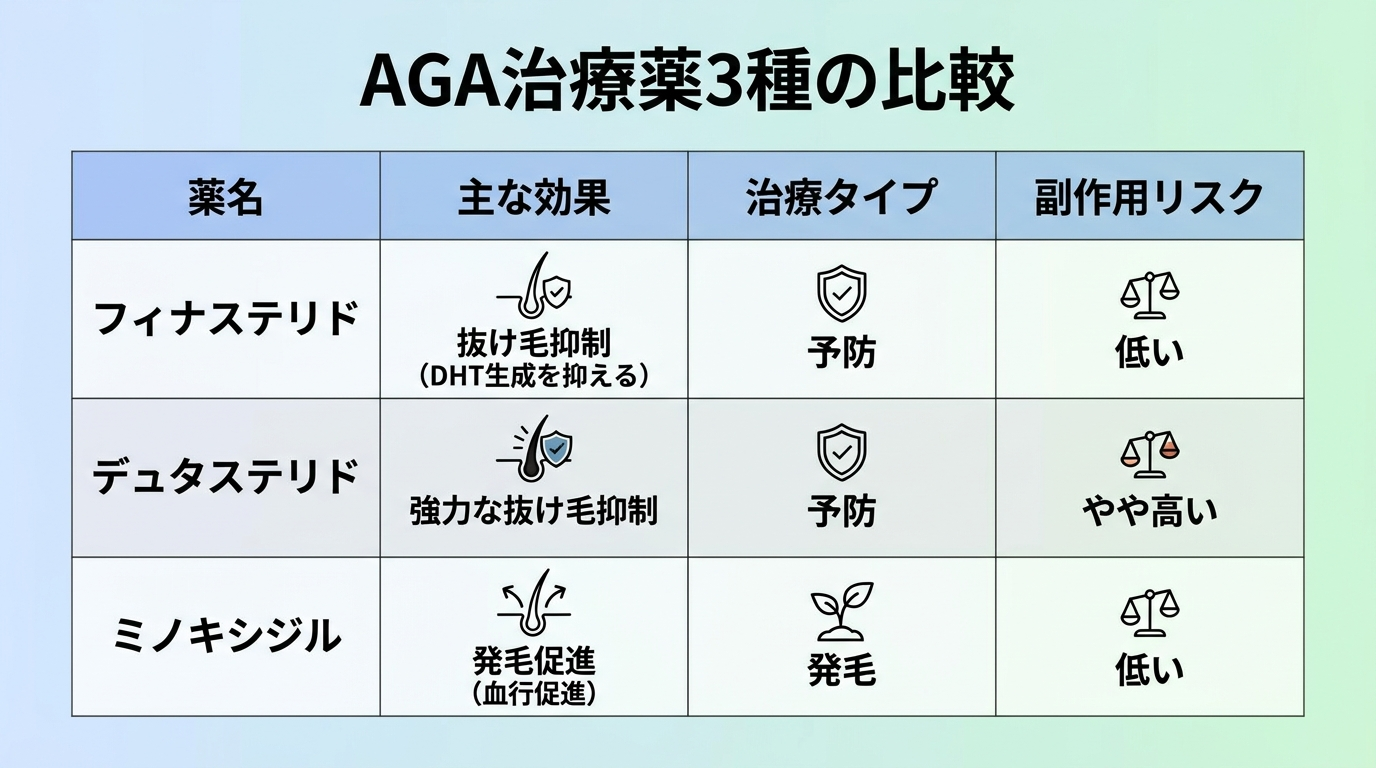 タイトル: AGA治療薬3種の比較。4列の表: ヘッダー行: 薬名 | 主な効果 | 治療タイプ | 副作用リスク。行1: フィナステリド | 抜け毛抑制（DHT生成を抑える） | 予防 | 低い。行2: デュタステリド | 強力な抜け毛抑制 | 予防 | やや高い。行3: ミノキシジル | 発毛促進（血行促進） | 発毛 | 低い。