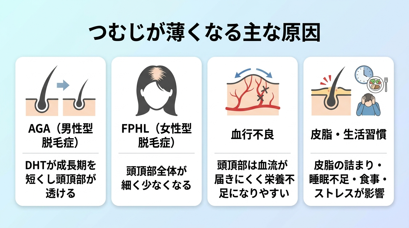 タイトル: つむじが薄くなる主な原因。横並び4カードで: カード1(毛根のアイコン)ヘッダー: AGA(男性型脱毛症)、説明: DHTが成長期を短くし頭頂部が透ける。カード2(女性のアイコン)ヘッダー: FPHL(女性型脱毛症)、説明: 頭頂部全体が細く少なくなる。カード3(血流のアイコン)ヘッダー: 血行不良、説明: 頭頂部は血流が届きにくく栄養不足になりやすい。カード4(生活のアイコン)ヘッダー: 皮脂・生活習慣、説明: 皮脂の詰まり・睡眠不足・食事・ストレスが影響。