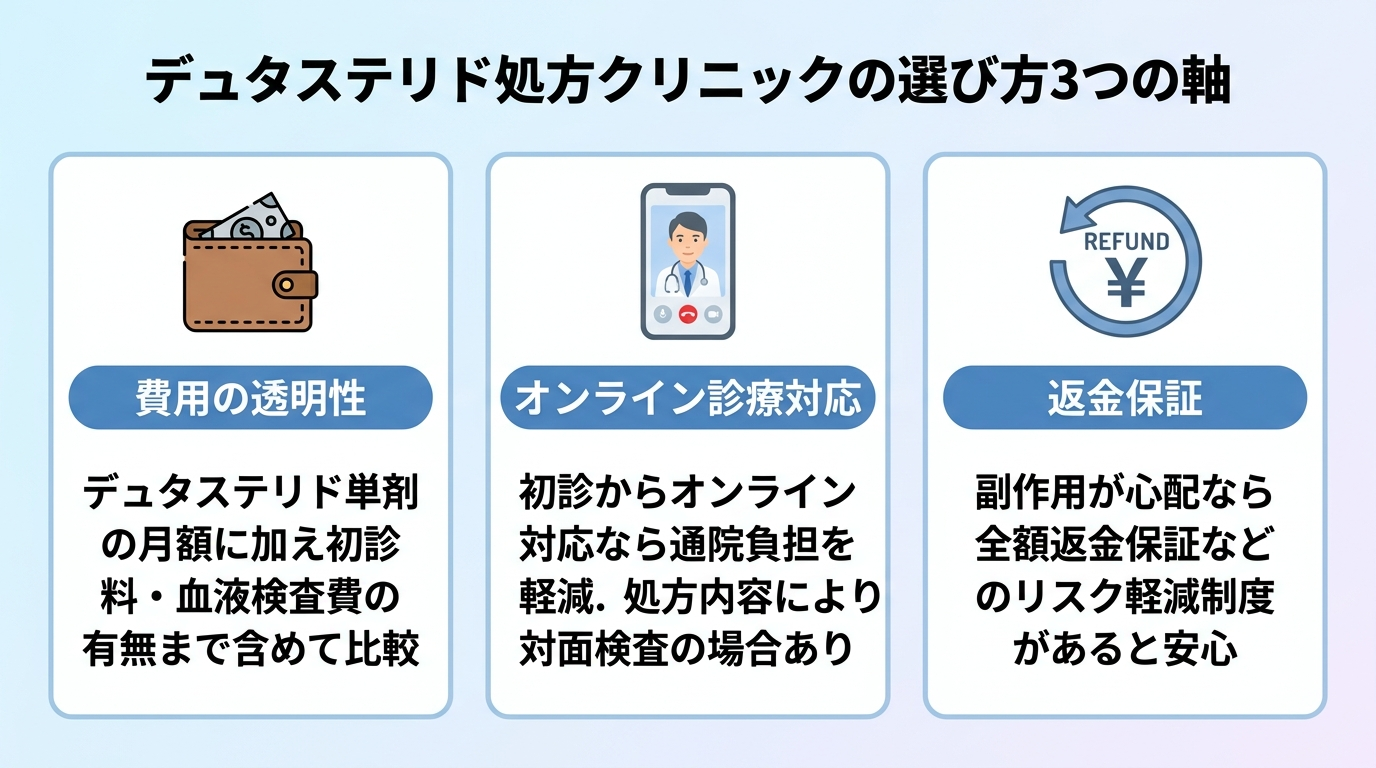タイトル: デュタステリド処方クリニックの選び方3つの軸。縦並び3カードで: カード1(財布のアイコン)ヘッダー: 費用の透明性、説明: デュタステリド単剤の月額に加え初診料・血液検査費の有無まで含めて比較。カード2(スマホのアイコン)ヘッダー: オンライン診療対応、説明: 初診からオンライン対応なら通院負担を軽減。処方内容により対面検査の場合あり。カード3(返金マークのアイコン)ヘッダー: 返金保証、説明: 副作用が心配なら全額返金保証などのリスク軽減制度があると安心