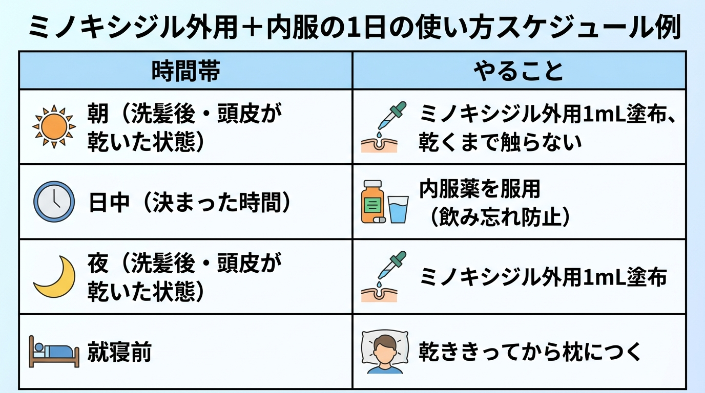 タイトル: ミノキシジル外用＋内服の1日の使い方スケジュール例。2列の表: ヘッダー行: 時間帯 | やること。行1: 朝（洗髪後・頭皮が乾いた状態） | ミノキシジル外用1mLを塗布、乾くまで手で触らない。行2: 日中（決まった時間） | 内服薬を服用（飲み忘れ防止）。行3: 夜（洗髪後・頭皮が乾いた状態） | ミノキシジル外用1mLを塗布。行4: 就寝前 | 乾ききってから枕につく