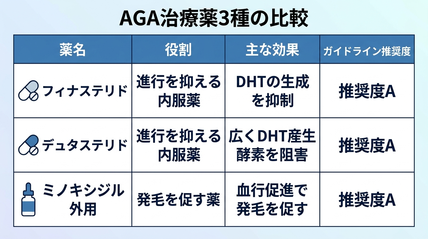 タイトル: AGA治療薬3種の比較。4列の表: ヘッダー行: 薬名 | 役割 | 主な効果 | ガイドライン推奨度。行1: フィナステリド | 進行を抑える内服薬 | DHTの生成を抑制 | 推奨度A。行2: デュタステリド | 進行を抑える内服薬 | 広くDHT産生酵素を阻害 | 推奨度A。行3: ミノキシジル外用 | 発毛を促す薬 | 血行促進で発毛を促す | 推奨度A。