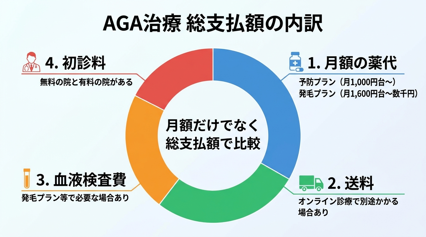 タイトル: AGA治療の総支払額の内訳。円の内訳図または積み上げ棒グラフ。構成要素: 月額の薬代（予防プランは月1,000円台〜、発毛プランは月1,600円台〜数千円）+ 送料（オンライン診療で別途かかる場合あり）+ 血液検査費（発毛プラン等で必要な場合あり）+ 初診料（無料の院と有料の院がある）。中央に『月額だけでなく総支払額で比較』のメッセージ。