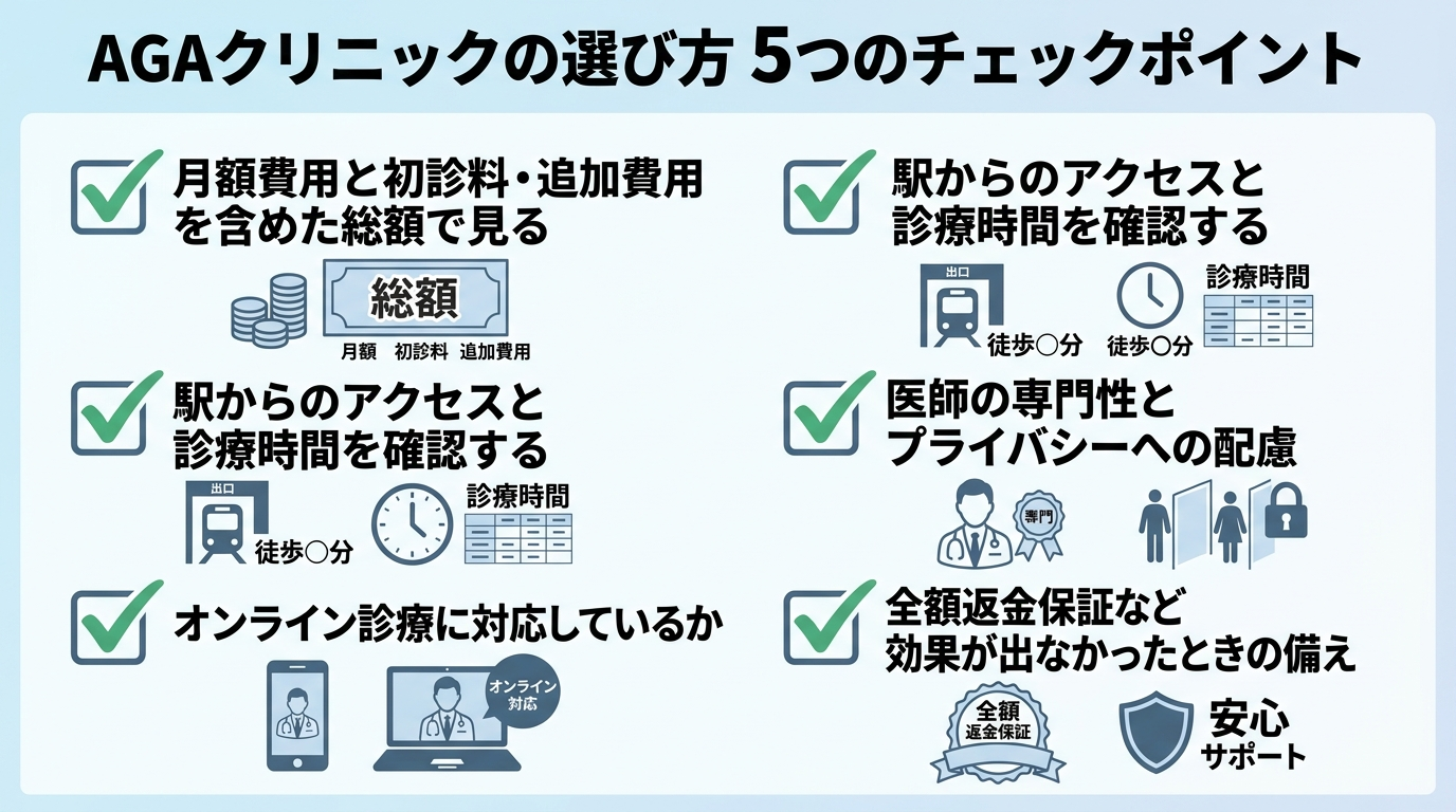 タイトル: AGAクリニックの選び方 5つのチェックポイント。縦並び5項目のチェックリスト形式。項目1: 月額費用と初診料・追加費用を含めた総額で見る。項目2: 駅からのアクセスと診療時間を確認する。項目3: オンライン診療に対応しているか。項目4: 医師の専門性とプライバシーへの配慮。項目5: 全額返金保証など効果が出なかったときの備え。各項目にチェックマークのアイコンを添える
