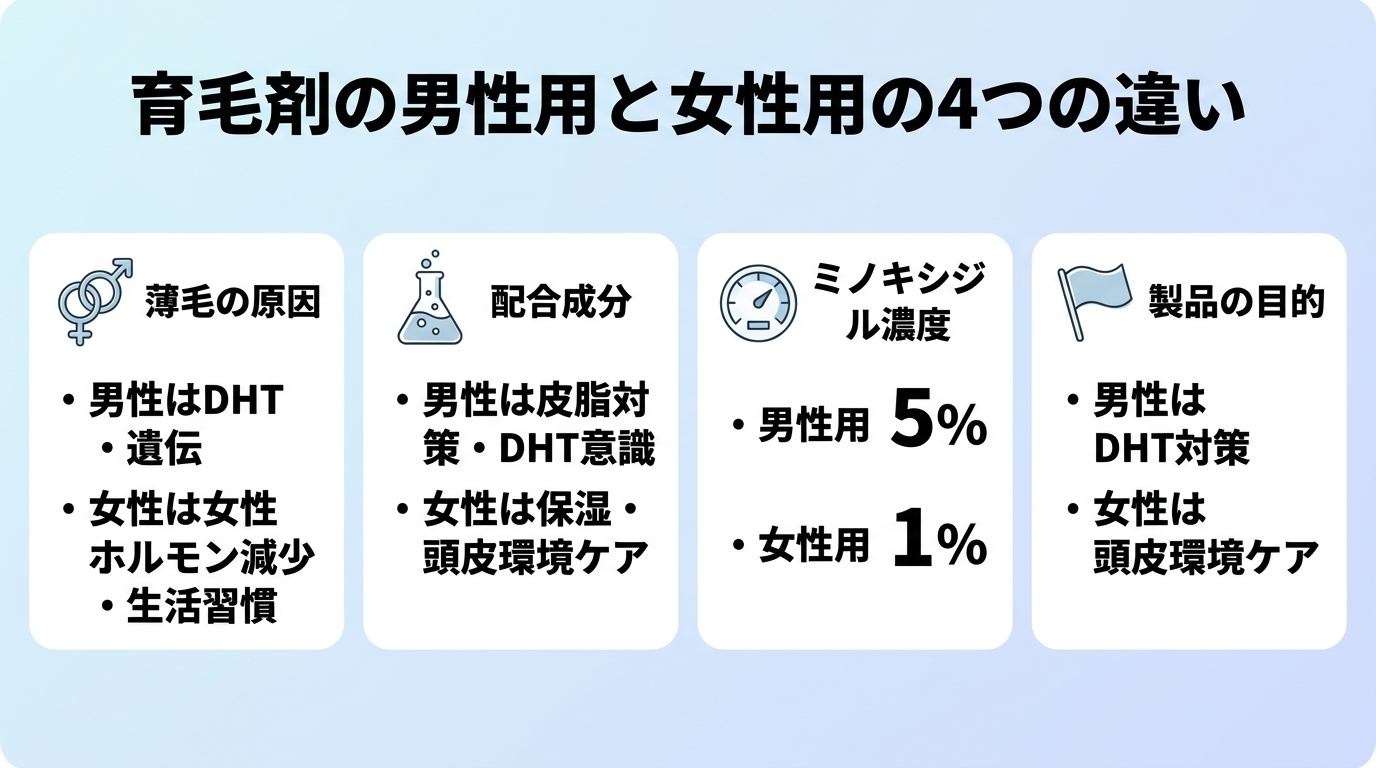 タイトル: 育毛剤の男性用と女性用の4つの違い。横並び4カードで: カード1（ホルモンのアイコン）ヘッダー: 薄毛の原因、説明: 男性はDHT・遺伝、女性は女性ホルモン減少・生活習慣。カード2（フラスコのアイコン）ヘッダー: 配合成分、説明: 男性は皮脂対策・DHT意識、女性は保湿・頭皮環境ケア。カード3（メーターのアイコン）ヘッダー: ミノキシジル濃度、説明: 男性用5%、女性用1%。カード4（旗のアイコン）ヘッダー: 製品の目的、説明: 男性はDHT対策、女性は頭皮環境ケア