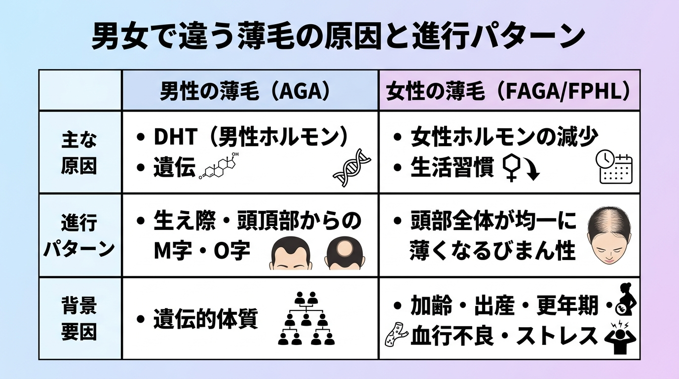 タイトル: 男女で違う薄毛の原因と進行パターン。2列の比較表: ヘッダー行: 男性の薄毛（AGA） | 女性の薄毛（FAGA/FPHL）。行1（主な原因）: DHT（男性ホルモン）・遺伝 | 女性ホルモンの減少・生活習慣。行2（進行パターン）: 生え際・頭頂部からのM字・O字 | 頭部全体が均一に薄くなるびまん性。行3（背景要因）: 遺伝的体質 | 加齢・出産・更年期・血行不良・ストレス