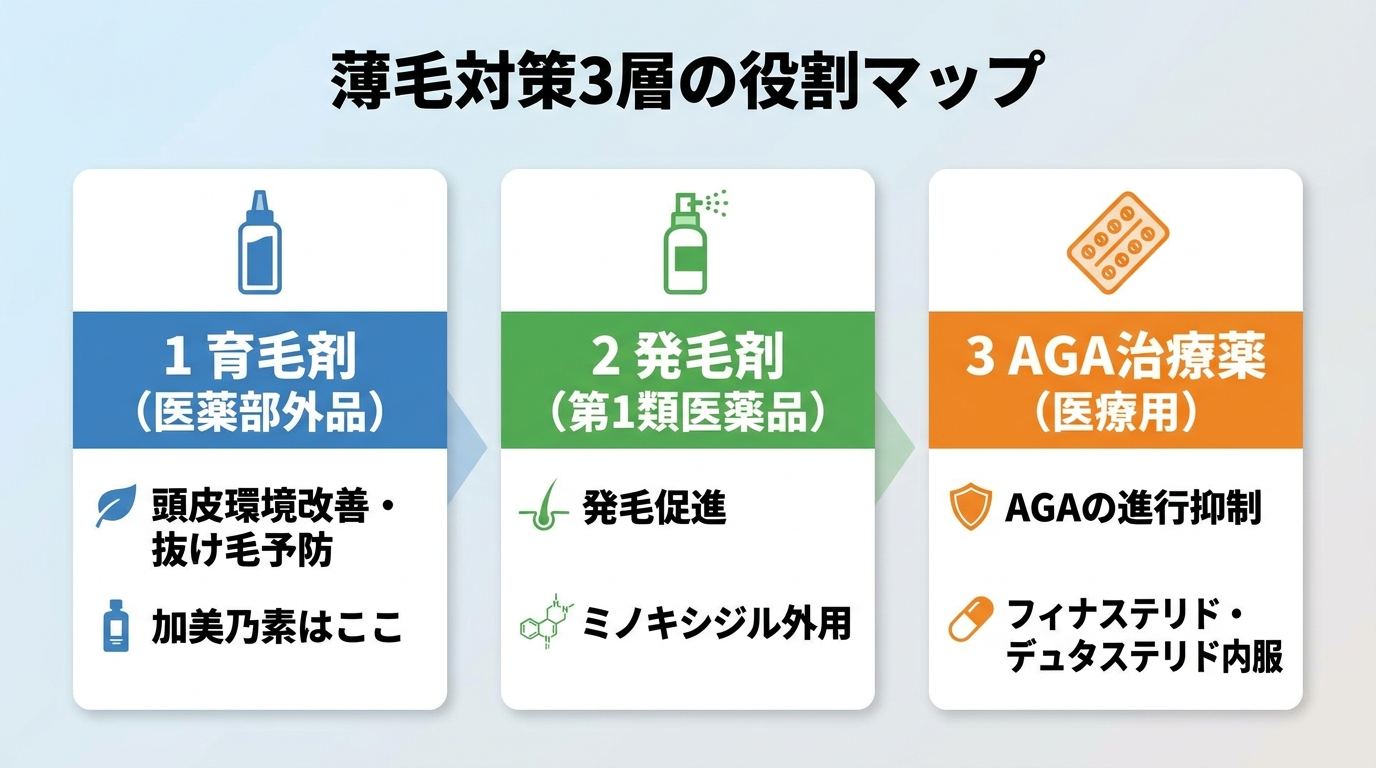 タイトル: 薄毛対策3層の役割マップ。横並び3カードで: カード1（ボトルのアイコン）ヘッダー: 育毛剤（医薬部外品）、説明: 頭皮環境改善・抜け毛予防。加美乃素はここ。カード2（スプレーのアイコン）ヘッダー: 発毛剤（第1類医薬品）、説明: 発毛促進。ミノキシジル外用。カード3（錠剤のアイコン）ヘッダー: AGA治療薬（医療用）、説明: AGAの進行抑制。フィナステリド・デュタステリド内服