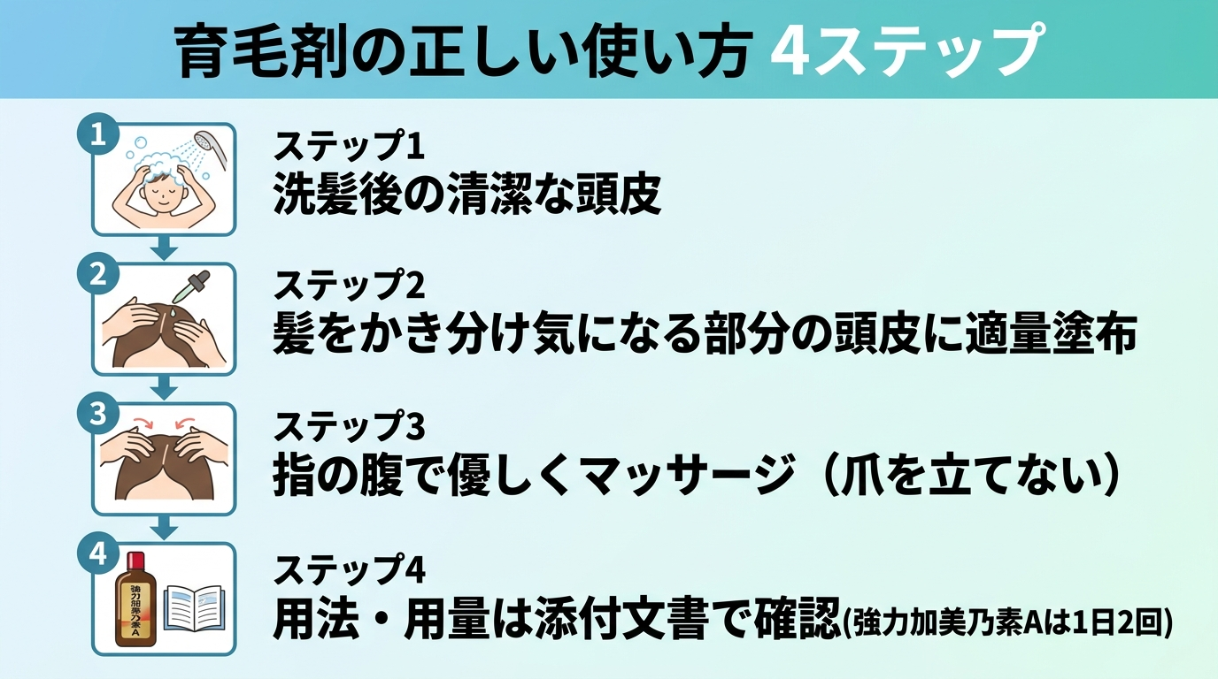 タイトル: 育毛剤の正しい使い方 4ステップ。縦フロー図で: ステップ1: 洗髪後の清潔な頭皮に。ステップ2: 髪をかき分け気になる部分の頭皮に適量塗布。ステップ3: 指の腹で優しくマッサージ（爪を立てない）。ステップ4: 用法・用量は添付文書で確認（強力加美乃素Aは1日2回）