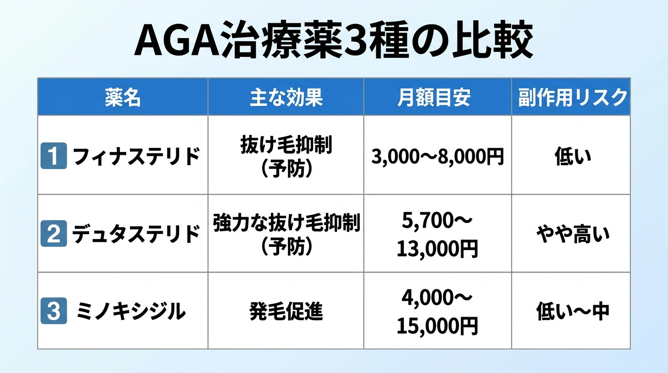 タイトル: AGA治療薬3種の比較。4列の表: ヘッダー行: 薬名 | 主な効果 | 月額目安 | 副作用リスク。行1: フィナステリド | 抜け毛抑制（予防） | 3,000〜8,000円 | 低い。行2: デュタステリド | 強力な抜け毛抑制（予防） | 5,700〜13,000円 | やや高い。行3: ミノキシジル | 発毛促進 | 4,000〜15,000円 | 低い〜中