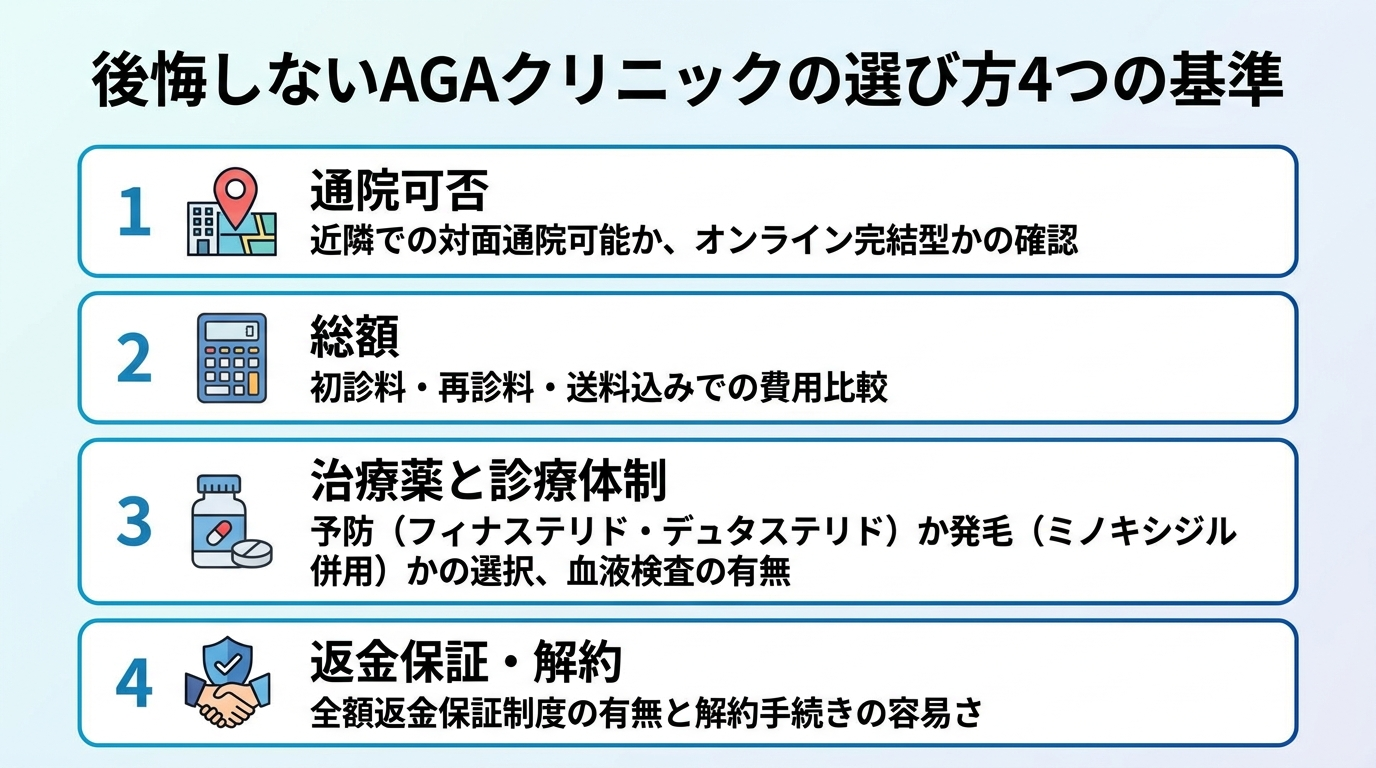 タイトル: 後悔しないAGAクリニックの選び方4つの基準。縦並び4項目のチェックリストで: 基準1(立地のアイコン)通院可否: 近隣で対面通院できるか、オンライン完結か。基準2(電卓のアイコン)総額: 初診料・再診料・送料込みで比較する。基準3(薬のアイコン)治療薬と診療体制: 予防(フィナ・デュタ)か発毛(ミノキ併用)か、血液検査の有無。基準4(保証のアイコン)返金保証・解約: 全額返金保証の有無と解約のしやすさ。